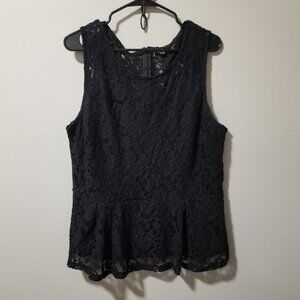 Y2K Attention Black Floral Lace Overlay Ruffle Front Tank Blouse Top Shirt
